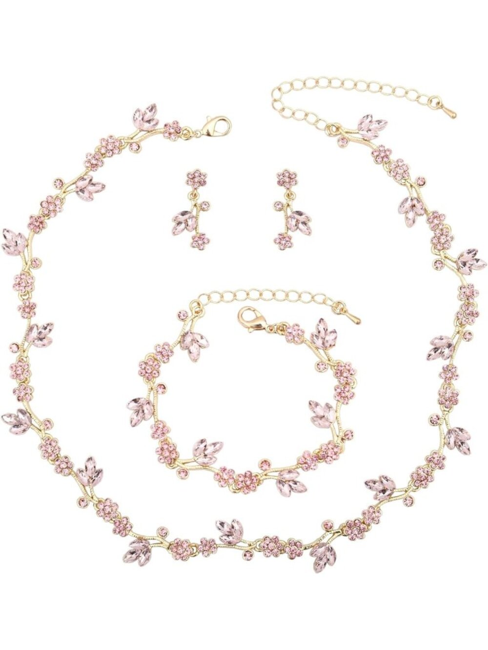 Elegant Flower Leaf Choker Necklace & Dangle Earrings Set - Crystal Wedding